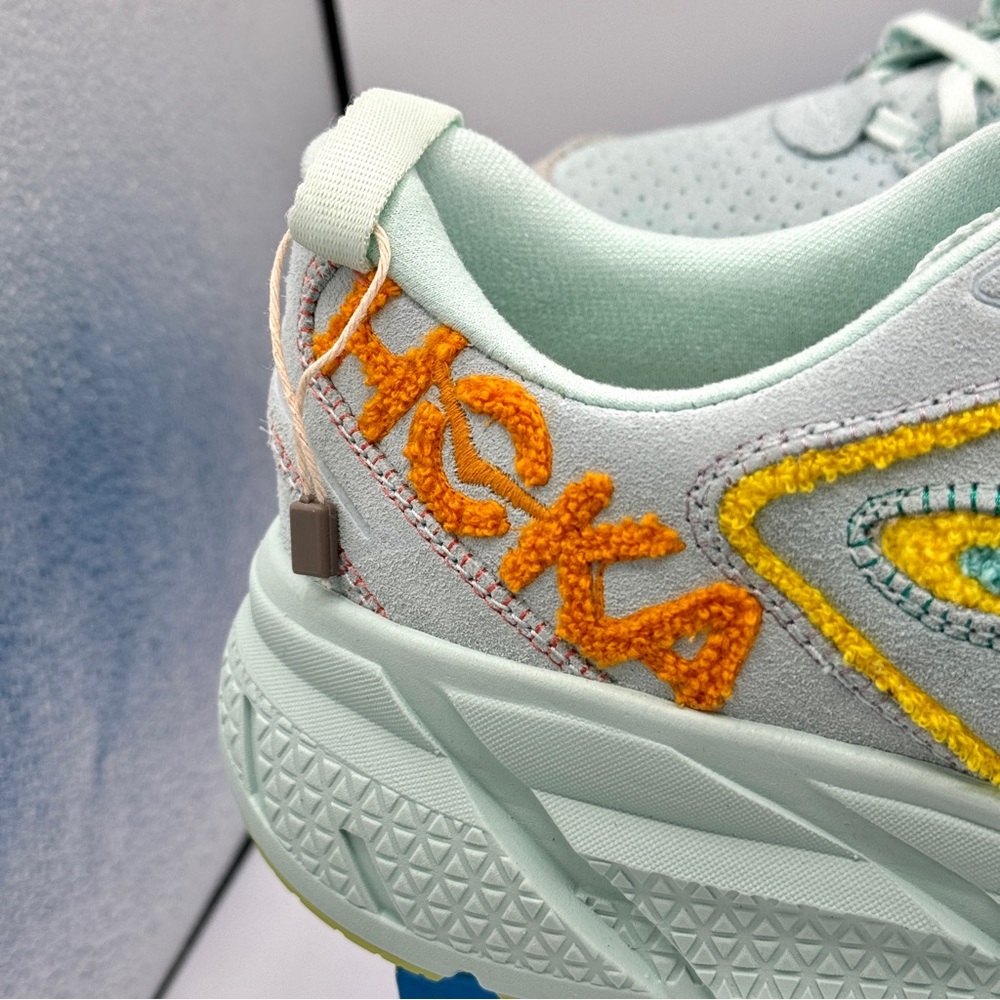 NWT Hoka Clifton Leather Embroidery UNISEX Shoes blue glass radiant yellow NEW - Picture 8 of 16